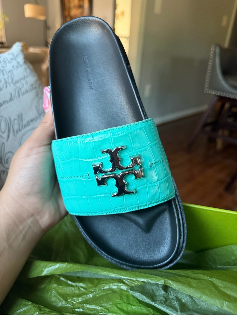 Tory Burch Turquoise Croc-Embossed Slide with Silver Logo